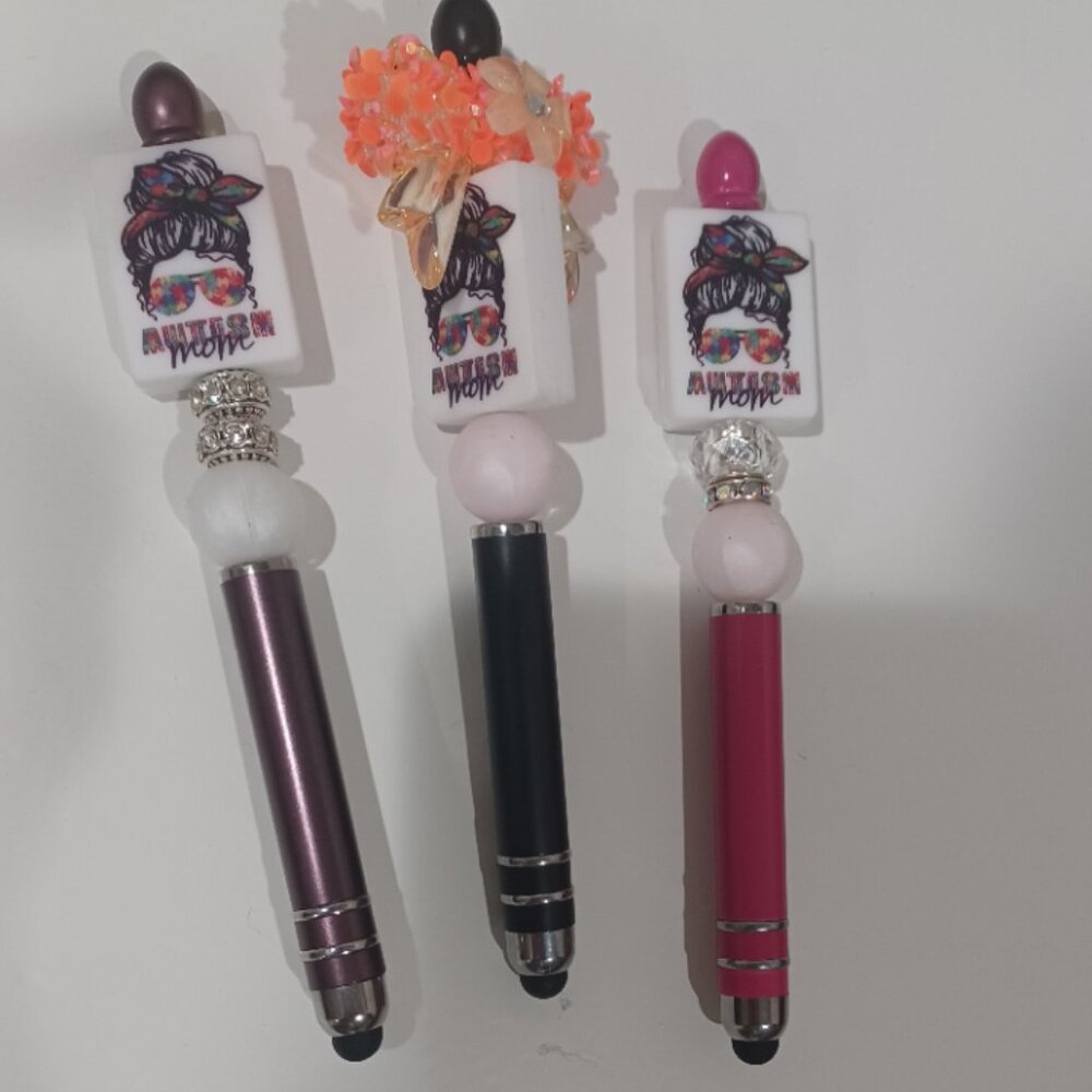 NEW Qty 3 Messy bun Autism Mom with bling beads Stylus pen 🖋️ and ballpoint pen